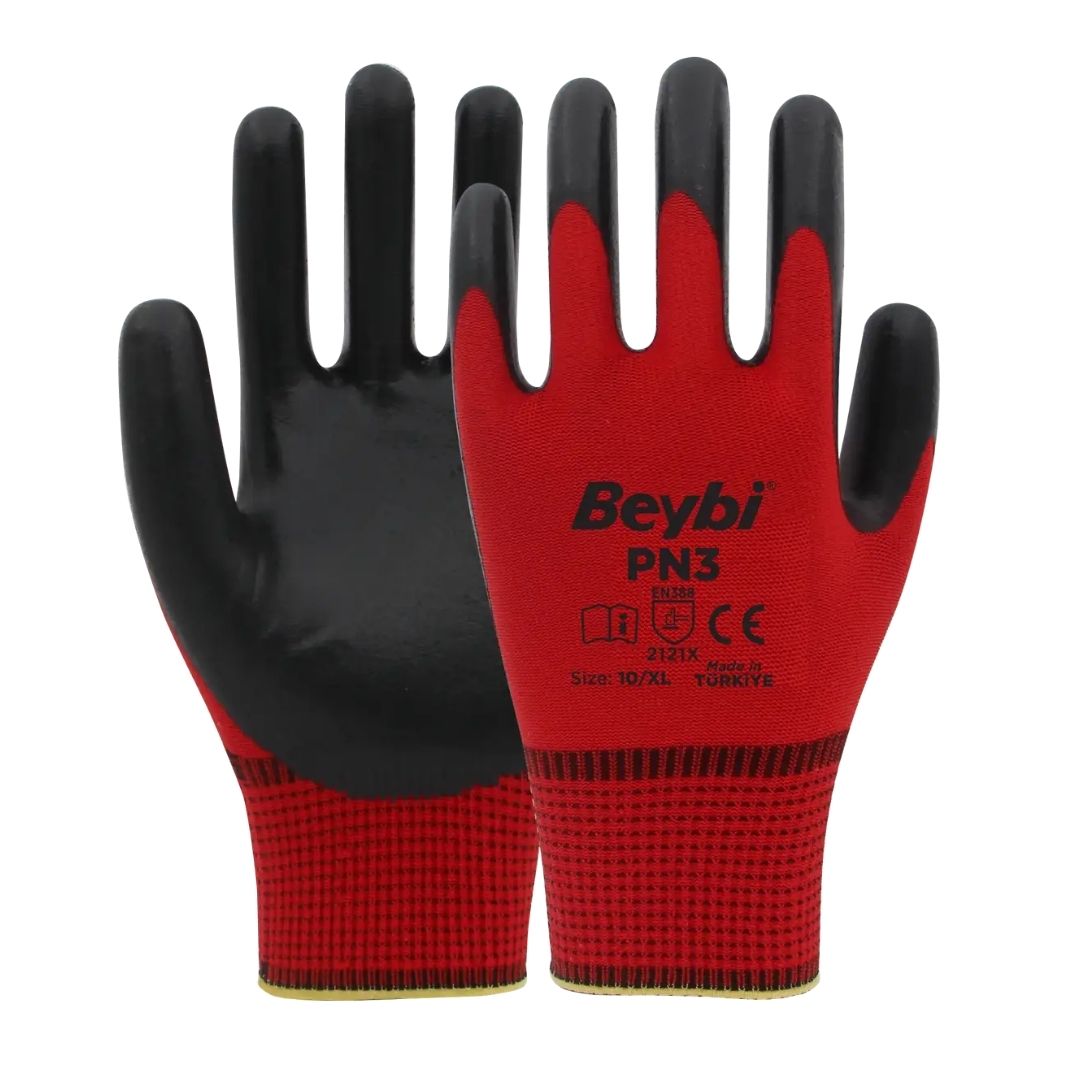 Beybi PN3 Polyester Örme Nitril Eldiven Kırmızı