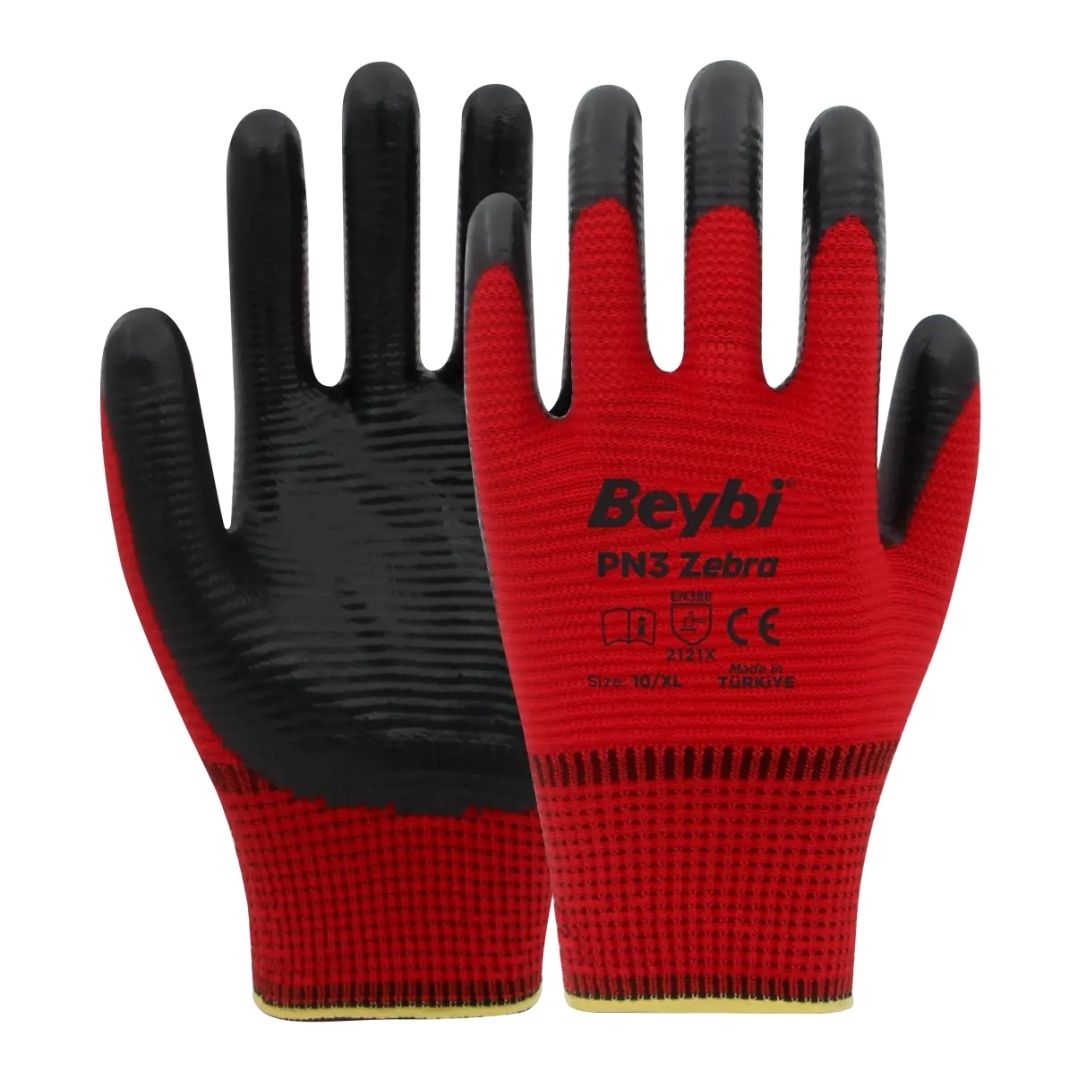 Beybi PN3 Zebra Polyester Örme Nitril Eldiven Kırmızı