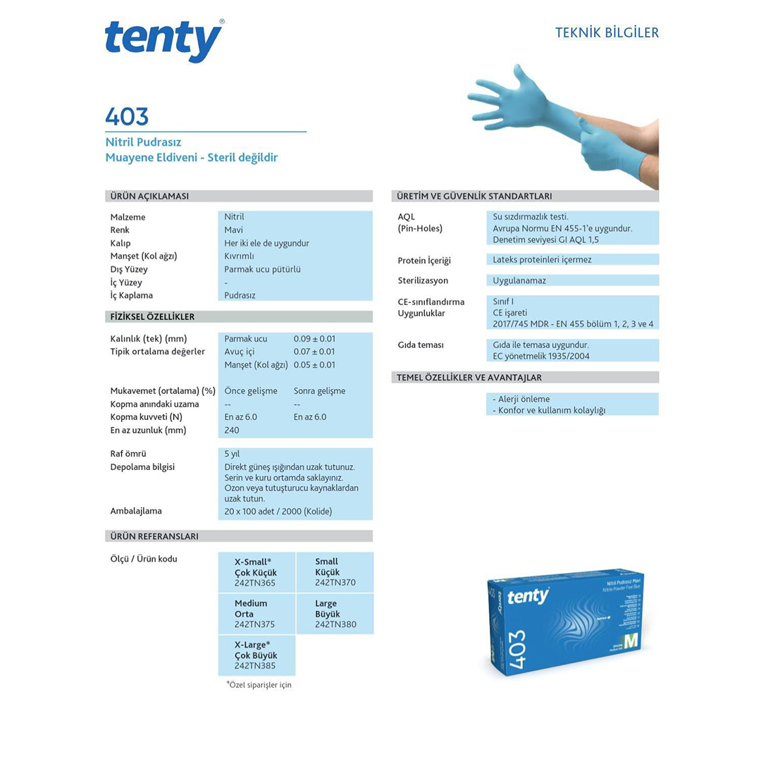 Tenty 403 Mavi Nitril Muayene Eldiveni - Pudrasız - Görsel 3